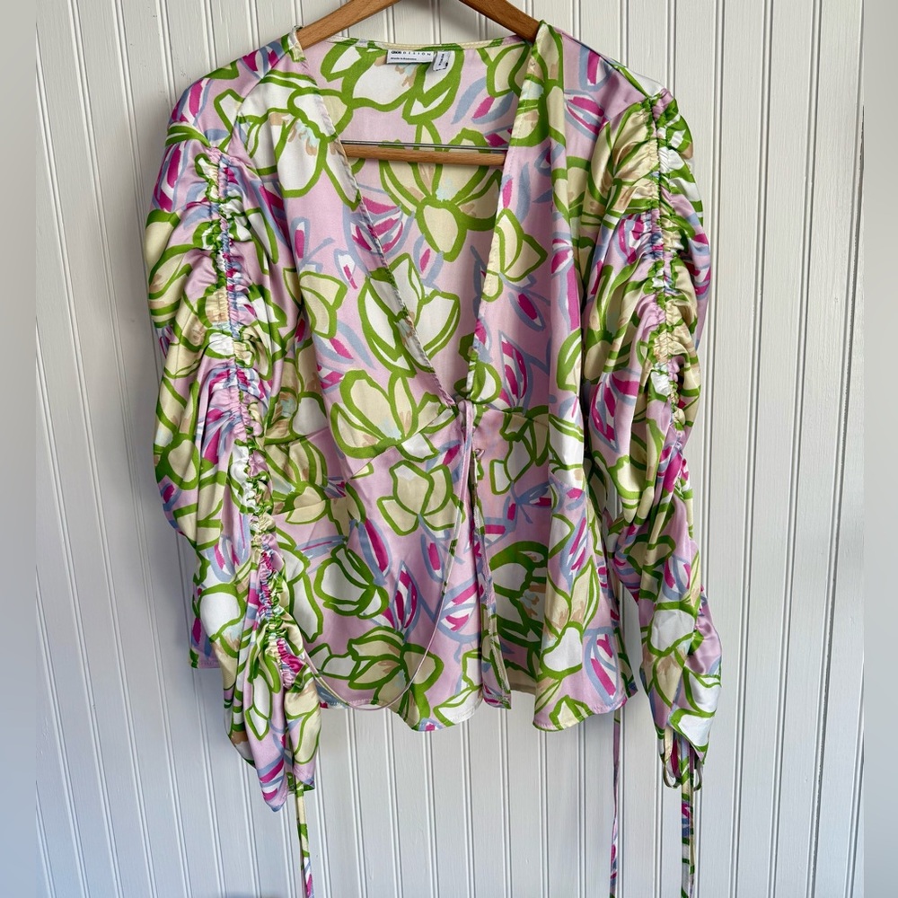 ASOS Pink, Green & White Floral Ruched Sleeve Blouse